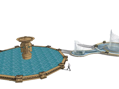 Large Circular Fountain With Central Multi tiered Structure And Adjacent Water Curtain Design 3d model