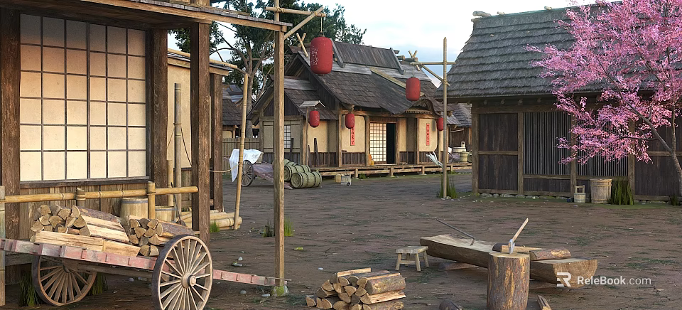 Traditional Ancient Architecture Featuring Thatched Roofs Red Lanterns Wooden Structures And Courtyard 3d model 