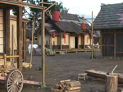 Traditional Ancient Architecture Featuring Thatched Roofs Red Lanterns Wooden Structures And Courtyard 3d model