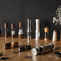 Wooden White Spice Bottles With Pepper Salt On Kitchen Table Chili Peppers Flowers