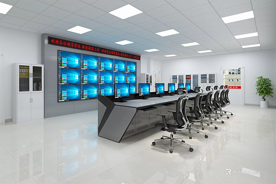Modern Monitoring Room Interior With Multiple Monitor Screens And Control Desk 3d model 