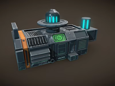 Futuristic Sci Fi Mechanical Device Featuring Metallic Structure Blue Glowing Cylinders Green 3d model