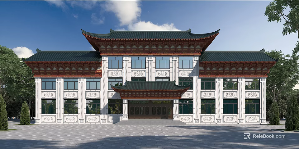 Traditional Chinese Ancient Building Featuring Classic Roof Overhanging Eaves and Decorative Carvings 3d model 