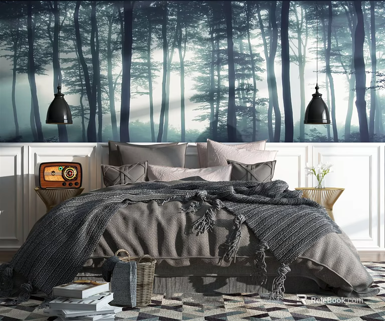 Double Bed With Forest Mural Background Black Pendant Lights Gray Bedding And Vintage Radio 3d model 
