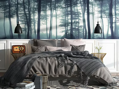 Double Bed With Forest Mural Background Black Pendant Lights Gray Bedding And Vintage Radio 3d model