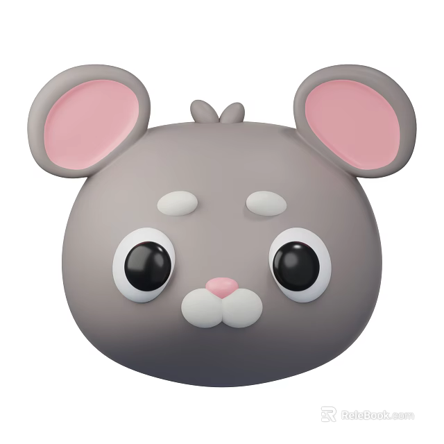 Cute Gray Cartoon Mouse Head With Pink Ears And Big Black Eyes 3d model 