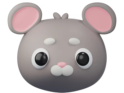Cute Gray Cartoon Mouse Head With Pink Ears And Big Black Eyes 3d model