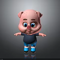 Cute 3D Pink Cartoon Pig Character With Blue Eyes Black Shirt Blue Shorts Standing Pose