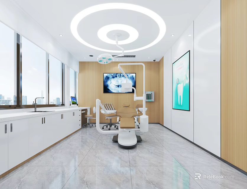 Modern Dental Clinic Interior With Dental Chair Circular Ceiling Light Wall TV And White Cabinets 3d model 