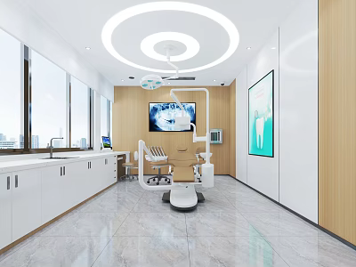 Modern Dental Clinic Interior With Dental Chair Circular Ceiling Light Wall TV And White Cabinets 3d model