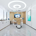Modern Dental Clinic Interior With Dental Chair Circular Ceiling Light Wall TV And White Cabinets