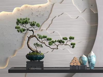 Traditional Bonsai Plant Display on Black Shelf with Wooden Logs and Decorative Vases 3d model