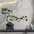 Traditional Bonsai Plant Display on Black Shelf with Wooden Logs and Decorative Vases
