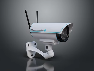 GlobalSecurityPro White Wireless Computer Surveillance Camera With Dual Antennas And Mount Bracket 3d model