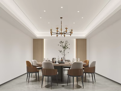 Elegant Private Dining Room Interior With Wooden Table Comfortable Chairs And Brass Chandelier 3d model