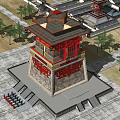 Ancient Chinese Architecture Traditional Tower with Red Roof Overhanging Eaves and Carved Base
