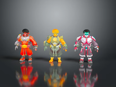 Three Armored Scifi Character Models With Red Yellow White Designs Standing On Reflective Surface 3d model