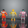 Three Armored Scifi Character Models With Red Yellow White Designs Standing On Reflective Surface