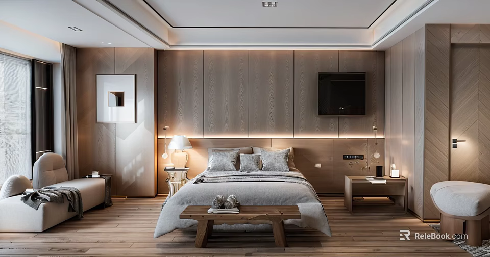 Elegant Modern Bedroom Interior With Wooden Paneling Bed Bench Nightstands And Table Lamps 3d model 