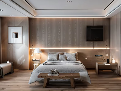 Elegant Modern Bedroom Interior With Wooden Paneling Bed Bench Nightstands And Table Lamps 3d model