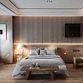 Elegant Modern Bedroom Interior With Wooden Paneling Bed Bench Nightstands And Table Lamps