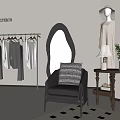 Modern Clothing Store Interior With Hanging White And Dark Clothes Oval Mirror And Black Chair