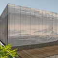 Modern Sales Office Building With Glass Curtain Wall Water Pool Sculpture And Reflection