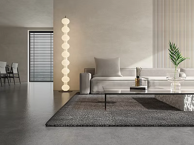 Modern Living And Dining Room Interior With Gray Sofa Floor Lamp Coffee Table Plants 3d model