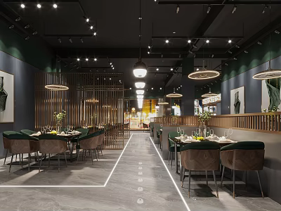 Elegant Modern Restaurant Interior With Green Velvet Chairs Pendant Lights And Wooden Dining Tables 3d model