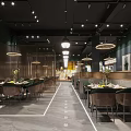 Elegant Modern Restaurant Interior With Green Velvet Chairs Pendant Lights And Wooden Dining Tables