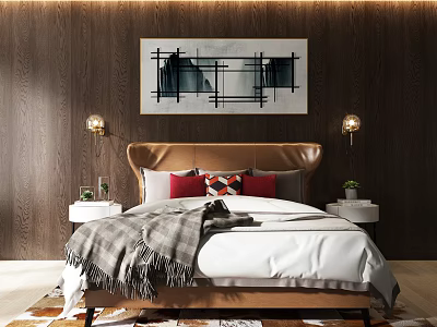 Modern Double Bed with Leather Headboard White Sheets and Abstract Painting on Dark Wood Wall 3d model