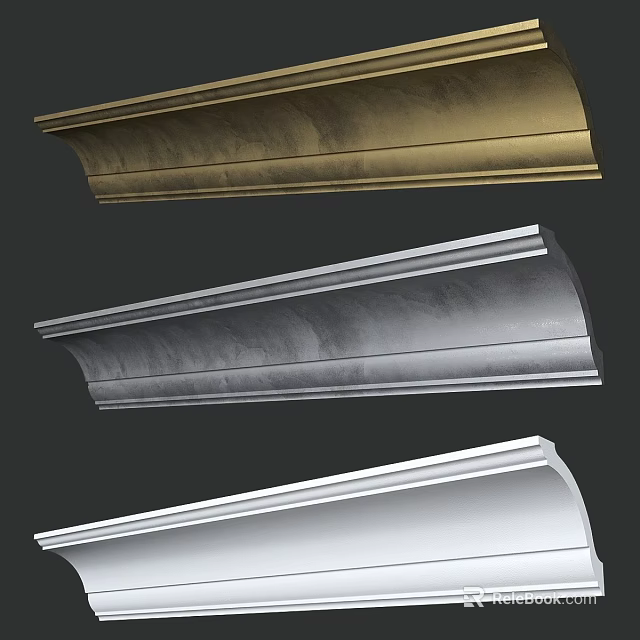 Decorative Cornice Molding with Gold Silver White Metallic Finishes and Textured Surface Design 3d model 
