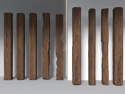 Natural Wooden Pillars With Various Textures And Shapes In Interior 3d model