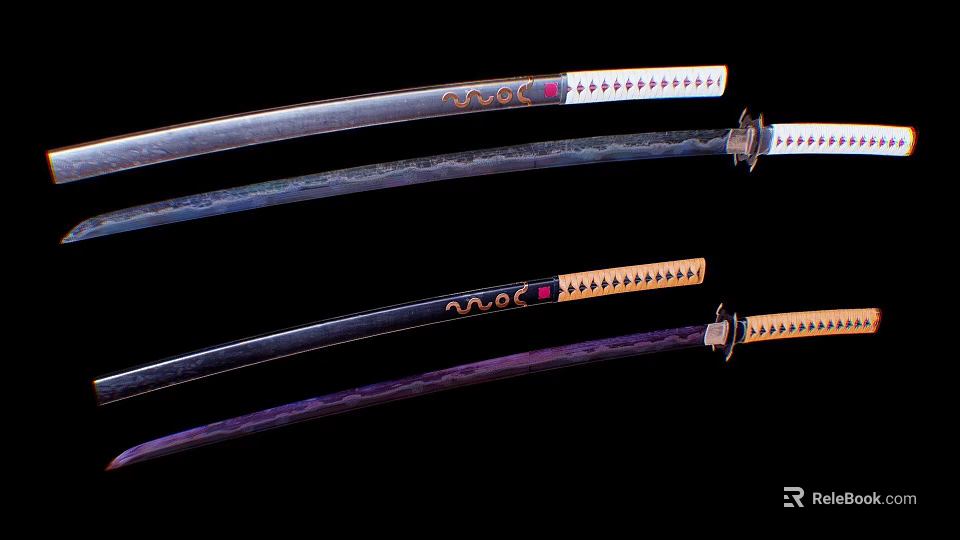 Several Traditional Japanese Samurai Swords With Ornate Handles And Sharp Blades 3d model 