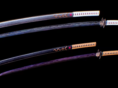 Several Traditional Japanese Samurai Swords With Ornate Handles And Sharp Blades 3d model