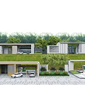 Modern Entrance Gate with Building Exterior Lush Trees Driveway and Parked Cars