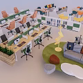 Modern Office Workspace With Office Desks Orange Chairs Computers And Green Plants