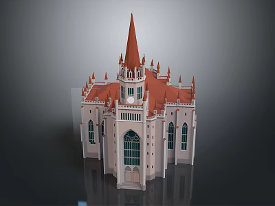Gothic Style Cathedral Building With Red Spire And Stained Glass Windows 3d model