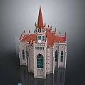 Gothic Style Cathedral Building With Red Spire And Stained Glass Windows
