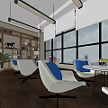 Modern Lounge Area With White And Orange Chairs Large Windows Bookshelves Plants And Pendant Lights