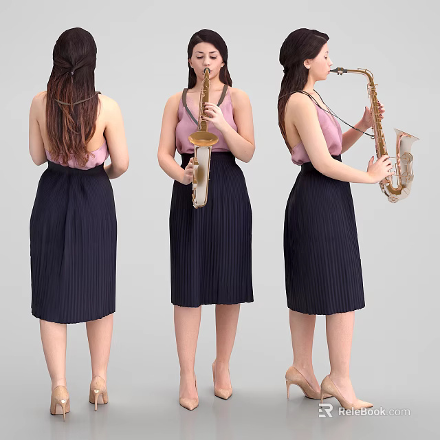 A Woman With Ponytail Wearing Pink Top And Dark Blue Pleated Skirt Playing Saxophone 3d model 