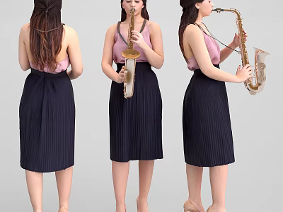 A Woman With Ponytail Wearing Pink Top And Dark Blue Pleated Skirt Playing Saxophone 3d model