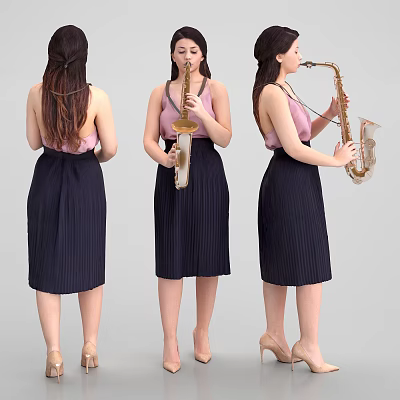 A Woman With Ponytail Wearing Pink Top And Dark Blue Pleated Skirt Playing Saxophone 3d model
