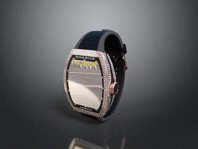Luxury Wristwatch With Black Leather Strap Square Dial Diamond And Gold Accents 3d model