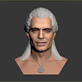 Man With Silver White Long Hair Wearing Round Pendant Necklace Bust Sculpture