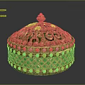 Golden Decorative Container With Intricate Openwork Carvings Green Red Gemstone Inlays And Small Top Ornament