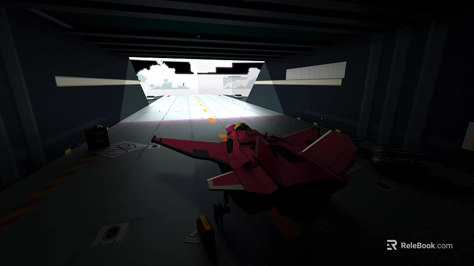 Red Fighter Jet In Aircraft Carrier Hangar With Yellow Markings Bright Lighting And Exit Light 3d model 