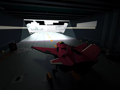 Red Fighter Jet In Aircraft Carrier Hangar With Yellow Markings Bright Lighting And Exit Light 3d model