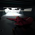 Red Fighter Jet In Aircraft Carrier Hangar With Yellow Markings Bright Lighting And Exit Light