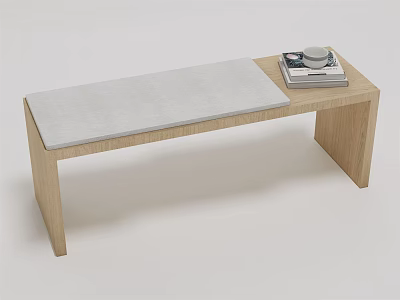 Simple Wooden Ottoman With Padded Seat And Stacked Magazines On Top 3d model